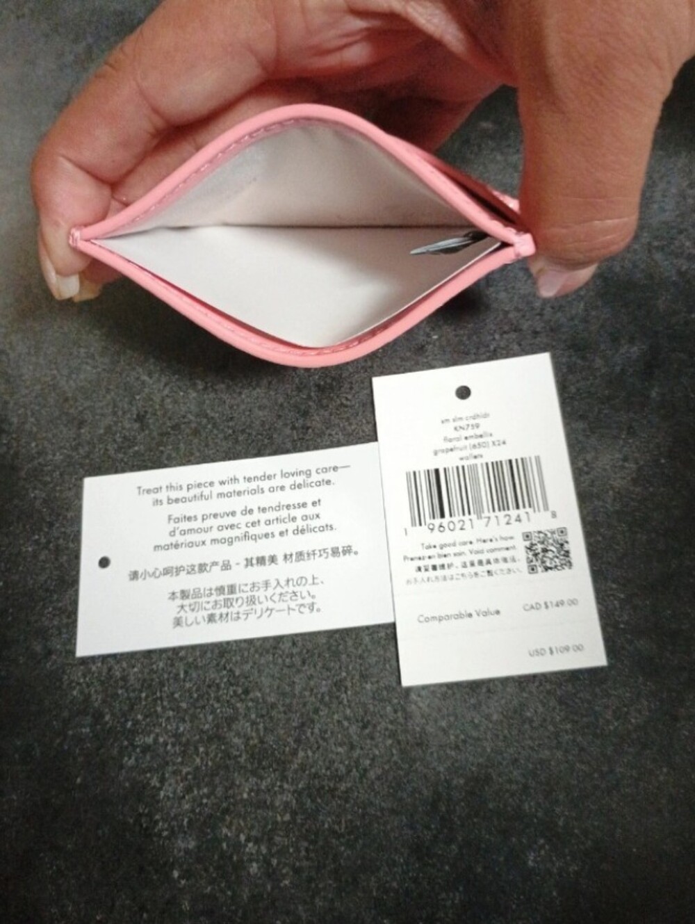 Kate Spade Pink Slim Card Holder with Embossed Flowers And Logo - Picture 3 of 3